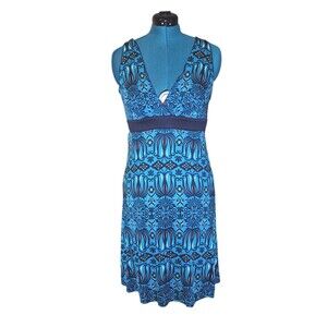 Tory Burch Sleeveless Silk Dress Size Medium V-Neck Floral Print Blue Black